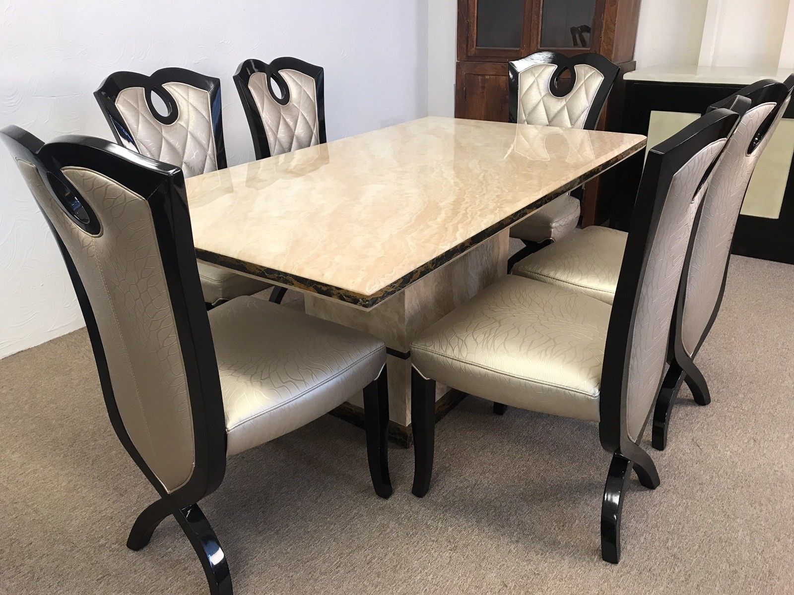 Madrid 160cm Marble Dining Table and 6 gold Cross legged chairs
